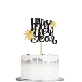 Sparkling black Happy New Year cake topper with gold stars for holiday party decor - Pre-assembled / Black