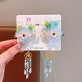 Exquisite Hanfu hair clips with light blue resin petals and long beaded tassels - Onion Blue Clips