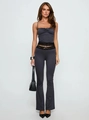 Chic dark grey two-piece set featuring lace-trim camisole and flared trousers for women - S / Dark Gray