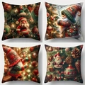Set of 4 Christmas pillow covers featuring Santa, elves and decorated festive trees - AI Art Illustration