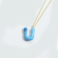 Letter U gold necklace with blue gradient enamel pendant on thin O-chain - Letter U