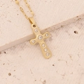 Close-up of golden zircon cross pendant on a minimalist flat link chain necklace - 5# White