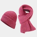 Detailed texture of thick rose red knit hat and scarf set for winter outdoor warmth - Rose Red