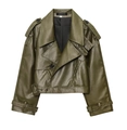 Detailed close-up of army green PU leather jacket showing vintage lapels and epaulettes - S / Army Green