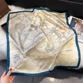 Detail showing silk-texture square scarf with classical gold illustrations on creamy base - 70*70cm / Dark Cyan Classical Illustration
