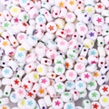 White round acrylic beads with colorful star patterns and central holes for DIY jewelry - 4x7mm White With Colored Star (100pcs)