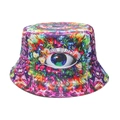 Detail of psychedelic bucket hat featuring a realistic eye print and colorful floral patterns - M(56-58cm) / Multicolor Psychedelic Eye (A)