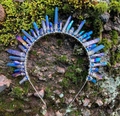 Blue and iridescent crystal crown headband with wire wrapping on moss background - Dark Blue/Silver Wire