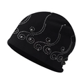 Damen Strickmütze in Schwarz mit silbernen Nieten-Paisleymuster für wohlige Winterwärme - Verstellbar / Schwarz mit Strass und Stahlperlen