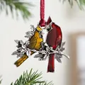 Christmas ornament featuring red and yellow birds on a metal branch with a red cord - Two Birds Antique Silver / Antique Silver