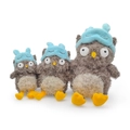Three plush owl dolls in gray-brown with blue sleep masks in small, medium, and large sizes - Owl With Eyemask / 21cm