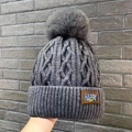 Grey knit winter beanie with faux fur pompom and HAPPY leather patch for extra warmth - Happy-Thickened Style / Gray