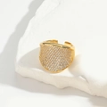 Adjustable gold open ring featuring multilayered heart design and micro-paved white zircons - Pave Zircon Wide Band