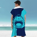 Adult hooded beach poncho with shark print in navy blue and teal microfiber fabric - Pullover Style - Shark Avatar