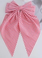 Classic red and white checkered bow hair clip with long ribbons in cotton-linen fabric - Small Pink Plaid