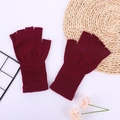 Winter solid color knitted long fingerless gloves in wine red with ribbed cuffs - One Size / Red