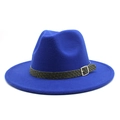 Close-up of royal blue fedora hat featuring a woven band and silver metal buckle - M (56-58cm) / Blue