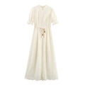 French style lace maxi dress with puff sleeves, pearl buttons and woven waist belt - XS / Milky White