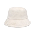 Close-up of white faux rabbit fur texture on a warm winter bucket hat for women - White