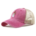 Detail view of pink washed cotton mesh trucker hat with red mushroom print - One Size / Rose Red