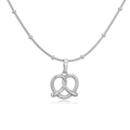 Detailed close-up of a silver pretzel pendant necklace with white zircons and beaded chain - White Zirconia Pretzel Necklace / Silver