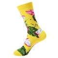 Gelbe Baumwollsocken mit tropischem Drachenfrucht-Muster und grünen Blättern für Damen - Einheitsgröße / Gelbe Drachenfrucht Stil (1056)