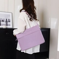 Purple fabric laptop shoulder bag shown on model for 15.6 to 17.3 inch computers - Upgraded Four-pocket Design With Shoulder Straps Suitable For Use With Purple Rolling Suitcases --- Countdown Special Offer / 13.3 Inch