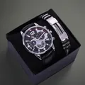 Close-up of men's watch and bracelet set in a black gift box with leather straps - 1033 Silver Case Black Dial Black Strap + Bracelet + Box