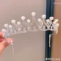 Silver crown headband for girls with white faux pearls and crystals, 11.5cm diameter - Silver Wavy Pearl
