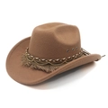 Brown felt cowboy hat with woven leather band, gold chain, and fringe detail - M (56-58cm) / Khaki