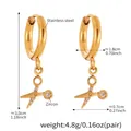 Detailed view of 18k gold-plated scissor earrings with zircon stones and dimensions - Scissors Shape Pendant Earrings (Q171)