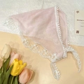 Pink lace triangle hair scarf with pom-pom trim and elegant floral embroidery - Lace Solid Color / Light Pink