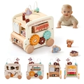 Educational wooden animal tourism bus toy with xylophone and puzzle sorting blocks - Beige Activity Bus 5-in-1