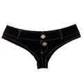 Détail de mini-short en jean noir à taille basse avec surpiqûres jaunes et deux boutons - S / Noir