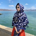 Navy blue cotton linen beach shawl with white baroque patterns and fringe details - Dark Blue Scroll Pattern Tassel Style (39203)