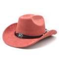 Detail of coral red suede cowboy hat with turquoise western ornament and woven band - M (56-58cm) / Brick Red