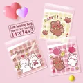 Pink and beige plaid self-adhesive cookie bags with cute cartoon bear and bunny, 14x14cm - 3-in-1 Bear Style / 14x14+3cm (Approx. 100pcs)