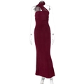 Detail of elegant dark red backless dress with a long ribbon and draped pleats - S / Burgundy