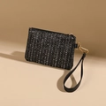 Lightweight black straw-woven coin purse with golden zipper and detachable wrist strap - Black