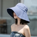 Vista dettagliata di un cappello da sole a tesa larga con strisce blu e bianche casual - M (56-58cm) / Blu Marino+Strisce