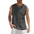 Detail of men's dark grey linen tank top featuring lace-up V-neck and chest pocket texture - S / Dark Gray