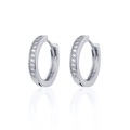 Detail view of silver hoop earrings with dual rows of sparkling white cubic zirconia - 14mm / Silver