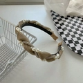 Braided champagne satin headband with elegant white pearls and sparkling rhinestones - Dark Khaki