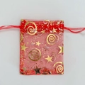 Red organza gift bag with gold star patterns and drawstring closure for jewelry - Red Star