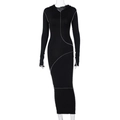 Close-up of slim fit hooded maxi dress featuring contrast white topstitching details - S / Black