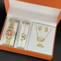 Elegant women's quartz watch set in gold with red dial and crystal jewelry in orange box - Red Dial + Gold Heart Set (with Box)