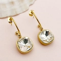 French vintage gold earrings with large square cushion cut clear zircon crystals - Clear White