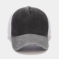Detail of distressed brim and breathable mesh back on this vintage baseball cap - Black and Gray