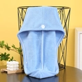 Absorbent light blue coral fleece hair towel turban with secure button closure - Solid Blue