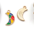 Moon shaped DIY charm with colorful enamel geometric pattern and gold textured back - Multicolor Plaid Moon (11938)